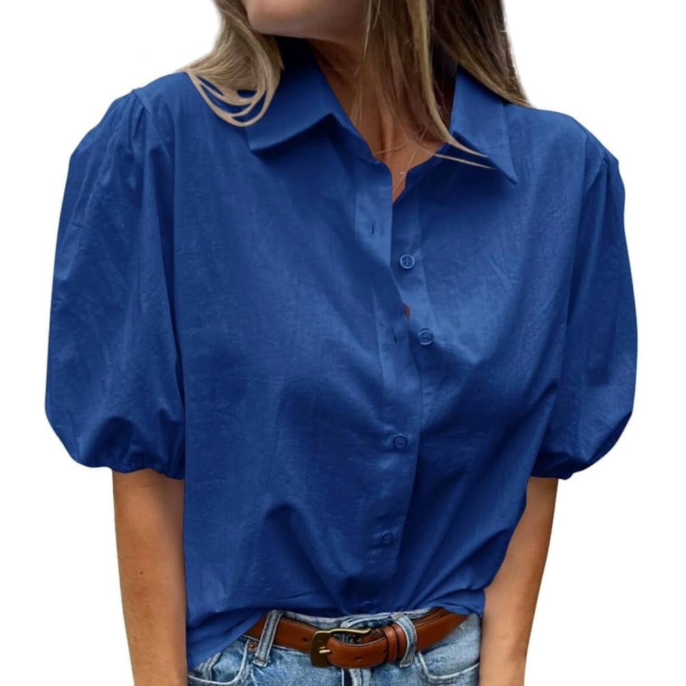 Short Puff Sleeve Button Down Blue Blouse Size Medium NWT